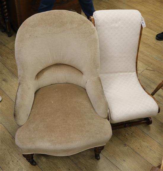 A Victorian walnut slipper chair and a similar sewing chair